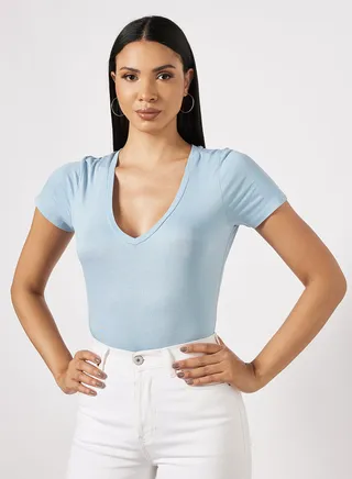 Basic V-Neck Bodysuit Powder Blue 