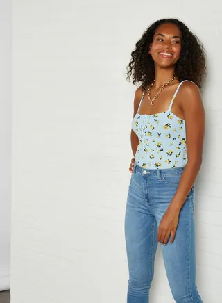 Square Neckline Ribbed Bodysuit Light Blue/Yellow 