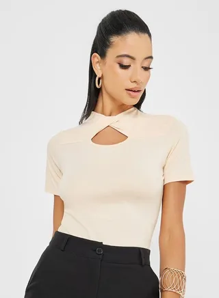 Knit High Neck Keyhole Detail Bodysuit 