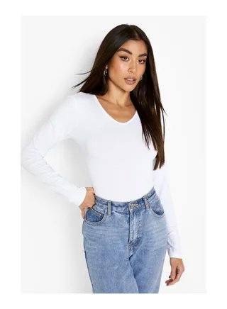 Basic Long Sleeve V Neck Bodysuit 
