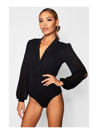 Wrap Chiffon Sleeve Bodysuit 