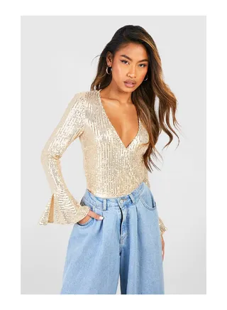 Sequin Wrap Ruffle Cuff Bodysuit 