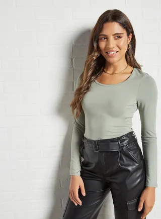 Basic Long Sleeve Bodysuit Light Khaki 