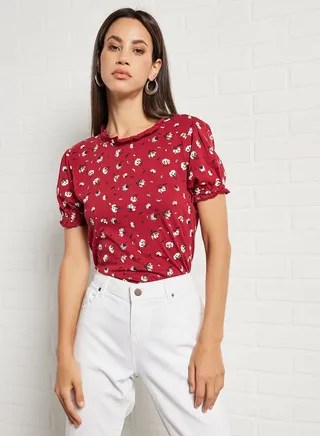 Floral Printed Puff Sleeve Casual Bodysuit Rio red 