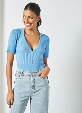 Ribbed Short Sleeve Bodysuit Blue 