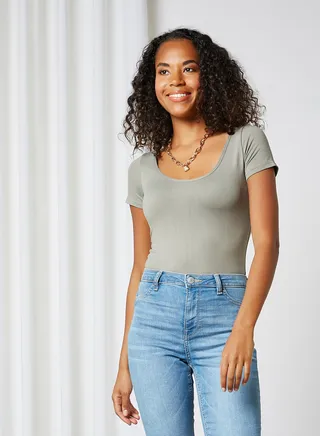 Slip On Cap Sleeves Bodysuit Green 