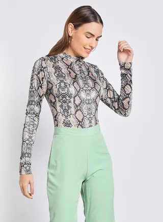High Neck Snake Printed Bodysuit Multicolour 