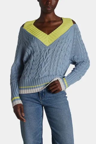Cabled Cutout Colorblock Varsity V-Neck Sweater