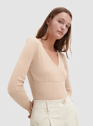 V-Neck Long Sleeve Bodysuit Beige 
