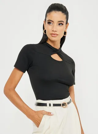 Knit High Neck Keyhole Detail Bodysuit 