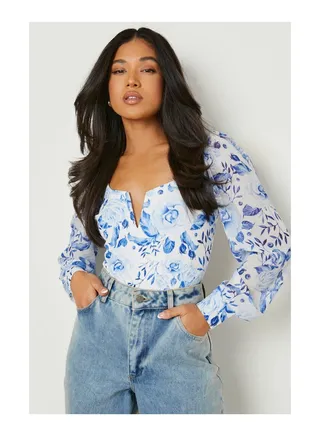 Petite V Front Porcelain Chiffon Bodysuit 