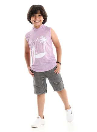 Sleeveless Printed Hooded Heather Lilac & White Tee 