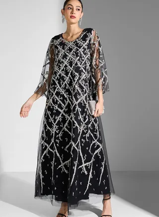 Embroidered Flared Sleeve Dress
