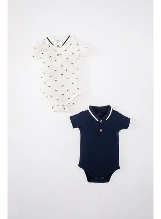 Babyboy New Born Regular Fit Polo Neck Knitted Short Sleeve Snap Body - 2 Pack 