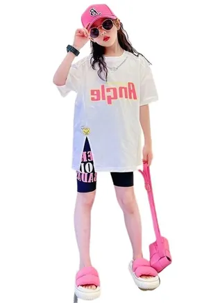 Girl's Kid Summer 2 Piece Outfit Printed Oversized T-shirt and Tight Short Pant Set 