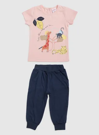 Baby Girls Round Neck Short Sleeve  Sets Royal Blue/Pink 