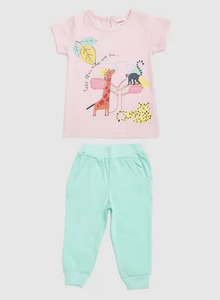 Baby Girls Round Neck Short Sleeve  Sets Pink/Light Blue 