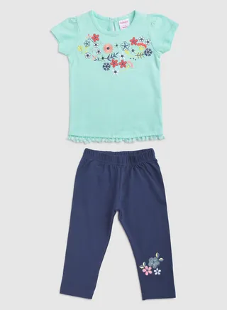 Baby Girls Round Neck Short Sleeve  Sets Light Green/Blue 