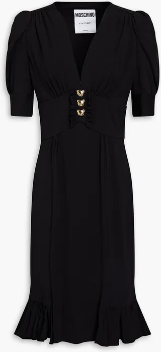 Ruffled gathered silk-blend crepe dress