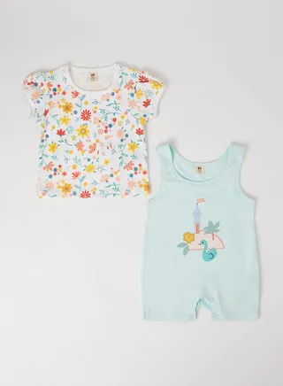 Baby Girls Cotton Comfortable Top And Onesies Set Multicolour 