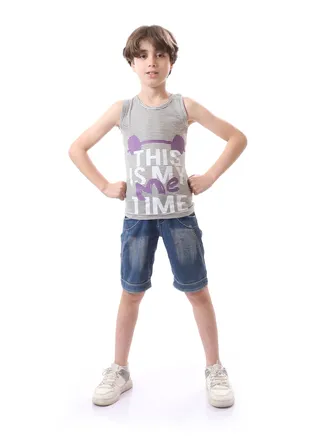 Striped Printed Sleeveless Round Neck Boys Tee - Olive & Purple 