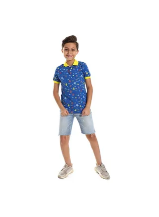 Short Sleeves Sea Creatures Polo Shirt-Blue & Yellow 