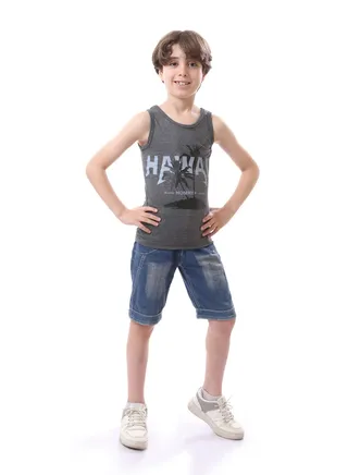 Heather Grey Sleeveless Boys Cotton Shirt - Heather Grey & Black 