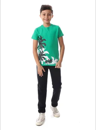 Palm Printed Regular Fit Green Tee_Green 