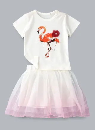 Swan Printed T-Shirt And Skirt Set White/Light Pink 