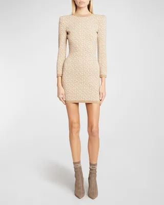 Monogram Knit Strong-Shoulder Mini Dress