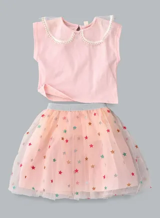 Peter Pan Coller T-Shirt And Star Printed Skirt Set Pink 