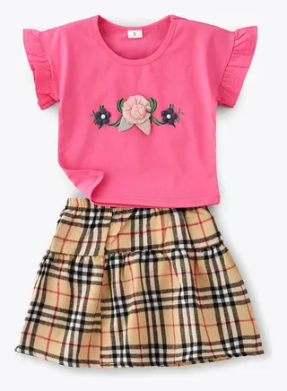 Flower Embroidered Top And Checked Skirt Set Multicolour 