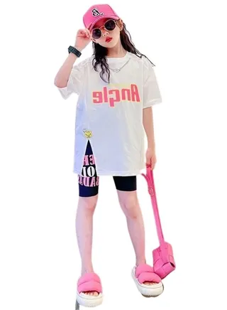 Girl's Summer 2 Piece Outfit Printed Oversized T-shirt and Tight Short Pant Set 