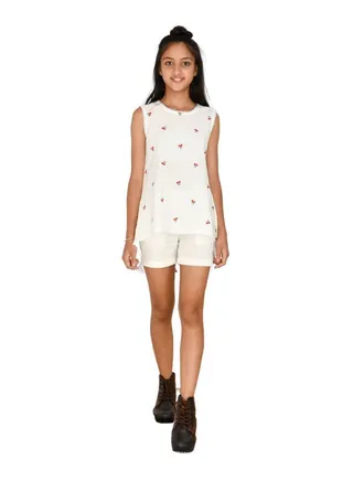 Cherry embroidered long tail cotton top with short set for girls 