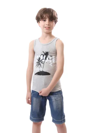 Sleeveless Boys Round Neck Printed Tank Top - Heather Grey, White & Black 