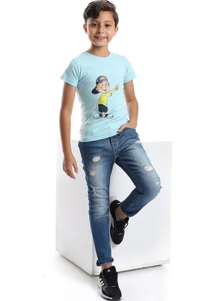 Printed Pattern Short Sleeves Boys T-Shirt_Light Blue 