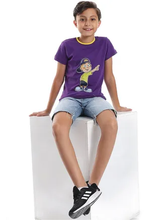 Printed Pattern Short Sleeves Boys T-Shirt_Purple 