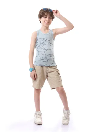 Cartoon Striped Patterned Sleeveless Boys Tee - Turquoise & White 