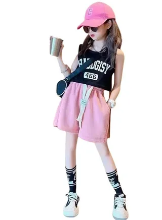 Girl's Kid Summer 2 Piece Outfit Sleeveless T-shirt and Short Pant Set 