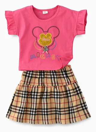 Short Sleeve Top And Checkcked Printed Skirt Set Yellow/Black 