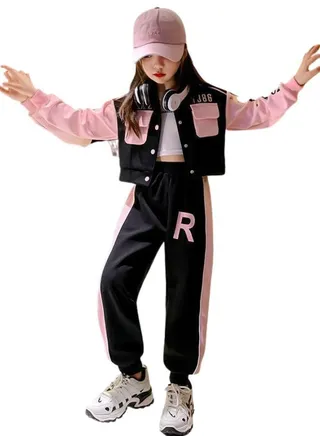 Girl's Kid Fancy 2 Piece Outfit Long Sleeve Track Jacket and Pant Long Set 