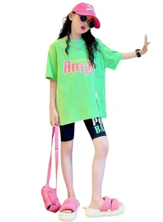 Girl's Kid Summer 2 Piece Outfit Printed Oversized T-shirt and Tight Short Pant Set 