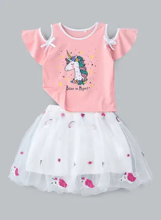 Unicorn Printed Top And Skirt Set White/Pink 