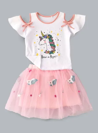 Unicorn Printed Top And Skirt Set White/Pink 
