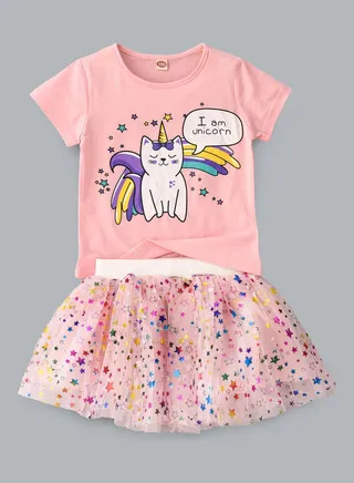 Kittycorn Printed T-Shirt And Stars Printed Net Skirt Set Pink/Purple/White 