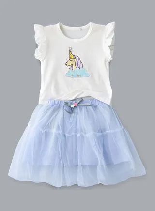 Unicorn Printed Top And Ruffle Layer Skirt Set White/Blue 