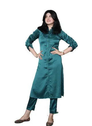 Dark Green Long Dress with Full sleeves Set 