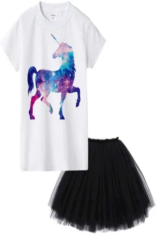 Girls Unicorn Themed Skirt Set White/Black 