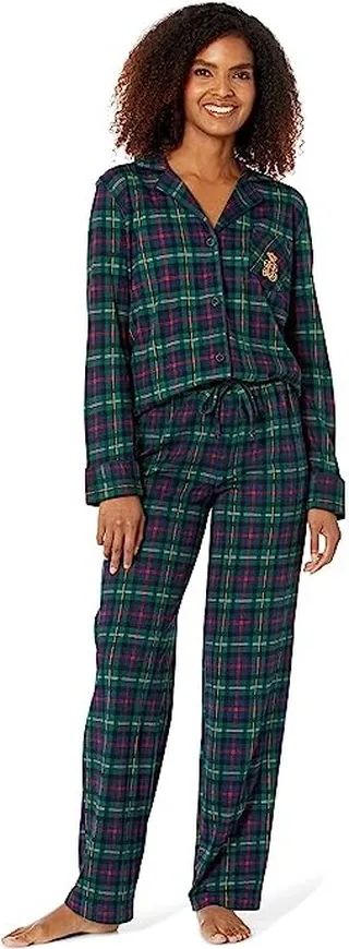 LAUREN Ralph Lauren Knit Long Sleeve Notch Collar Long PJ Set (Green Plaid) Women's Pajama Sets