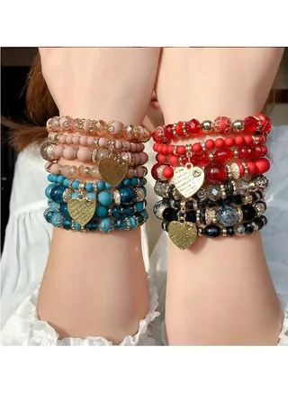Women's Semi-Precious Stone Beaded Bracelet - Stretchy Bracelets with Tree of Life and Leaf Charms 